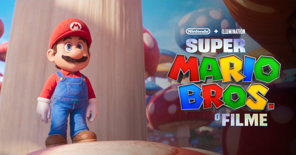 Imagem da animação Super Mario Bros. O Filme, mostrando o personagem Mario de pé ao lado esquerdo e o título do filme do lado direito