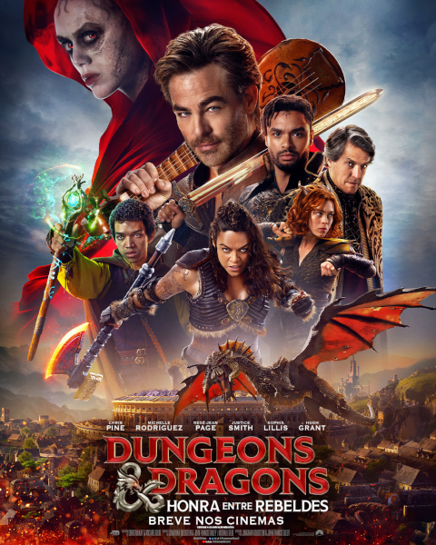 Poster do filme Dungeons & Dragons: Honra Entre Rebeldes, mostrando uma cidade na parte de baixo com uma montagem dos personagens logo acima e o título do filme juntamente com o nome dos atores