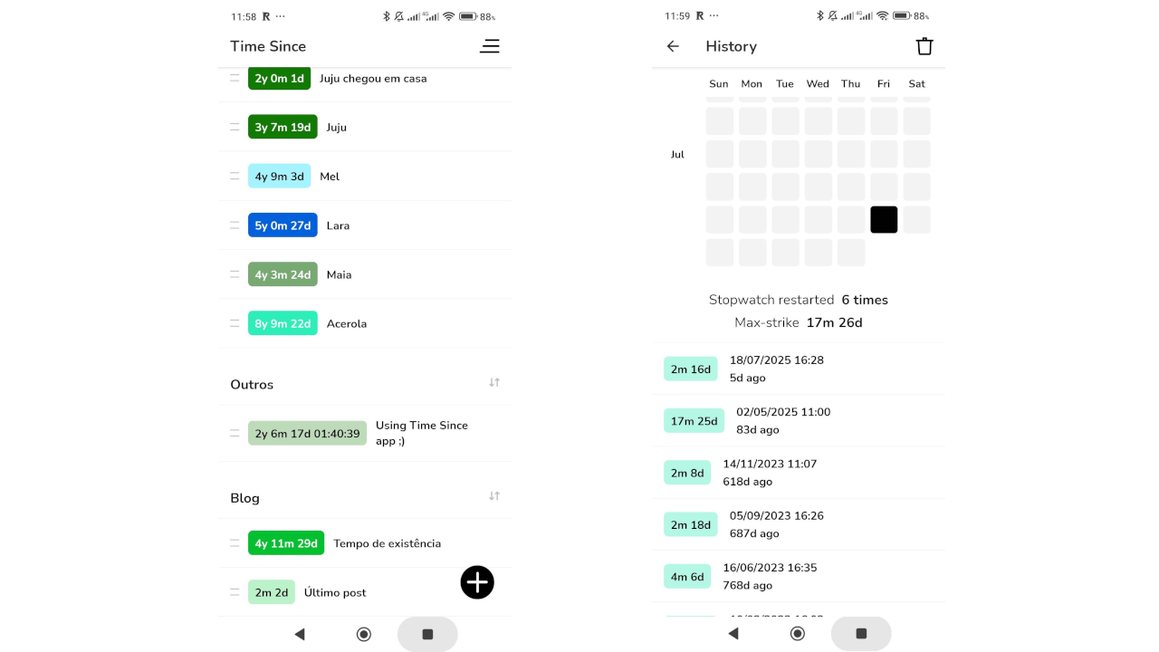 Telas do aplicativo TimeSince. A primeira tela mostra uma lista de eventos e o tempo que passou desde que os mesmos foram cadastrados, já na segunda tela mostra a quantidade de vezes que um dos eventos foi reiniciada e quanto tempo se passou desde cada reinicio.