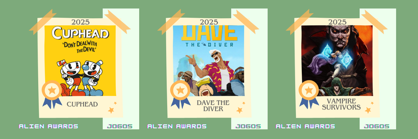 Ilustração com os posteres dos 3 jogos indicados. O nome dos mesmos estão descritos abaixo.