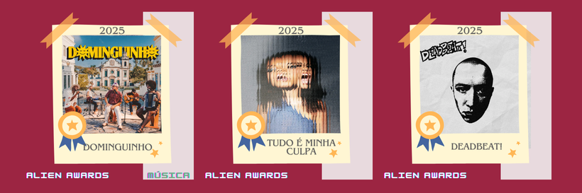 Ilustração com os posteres dos 3 álbuns indicados. O nome dos mesmos estão descritos abaixo.